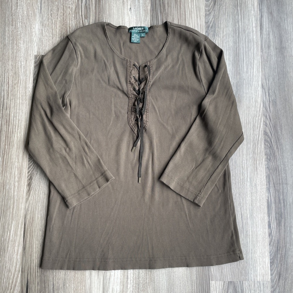 Lauren Ralph‎ Lauren 3/4 Sleeved Lace Up Front Top Shirt Blouse Sz XL Ribbed